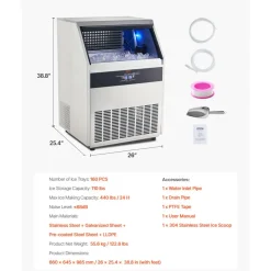 VEVOR 110lbs/24H Commercial Ice Maker Machine, 33lbs Storage Capacity Ice Maker with Drain Pump, 50 Ice Cubes in 15 Minutes, LED Digital Display Freestanding Self-Cleaning for Bar Office Restaurant