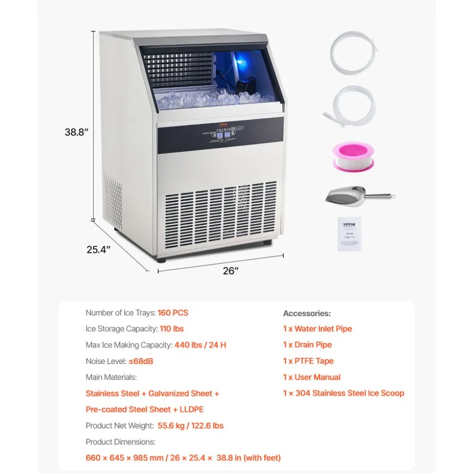 VEVOR 110lbs/24H Commercial Ice Maker Machine, 33lbs Storage Capacity Ice Maker with Drain Pump, 50 Ice Cubes in 15 Minutes, LED Digital Display Freestanding Self-Cleaning for Bar Office Restaurant