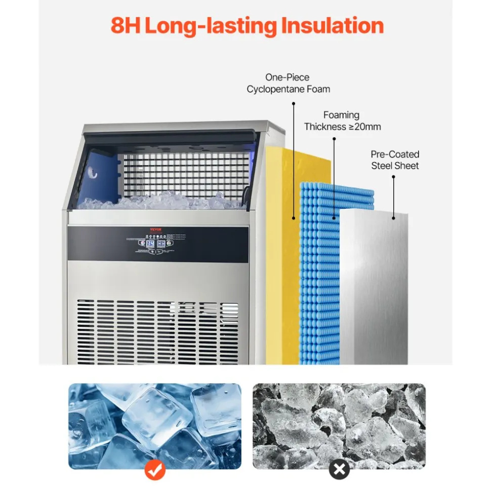 VEVOR 110lbs/24H Commercial Ice Maker Machine, 33lbs Storage Capacity Ice Maker with Drain Pump, 50 Ice Cubes in 15 Minutes, LED Digital Display Freestanding Self-Cleaning for Bar Office Restaurant
