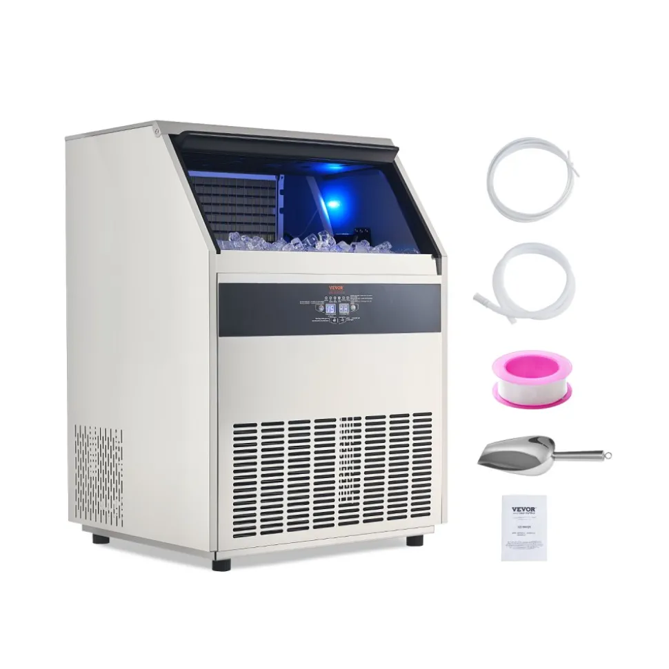VEVOR 110lbs/24H Commercial Ice Maker Machine, 33lbs Storage Capacity Ice Maker with Drain Pump, 50 Ice Cubes in 15 Minutes, LED Digital Display Freestanding Self-Cleaning for Bar Office Restaurant