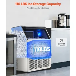 VEVOR 110lbs/24H Commercial Ice Maker Machine, 33lbs Storage Capacity Ice Maker with Drain Pump, 50 Ice Cubes in 15 Minutes, LED Digital Display Freestanding Self-Cleaning for Bar Office Restaurant