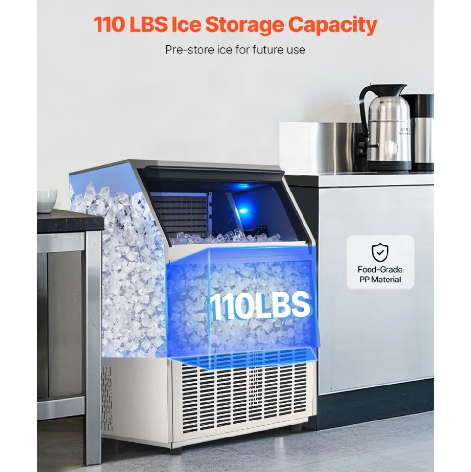 VEVOR 110lbs/24H Commercial Ice Maker Machine, 33lbs Storage Capacity Ice Maker with Drain Pump, 50 Ice Cubes in 15 Minutes, LED Digital Display Freestanding Self-Cleaning for Bar Office Restaurant