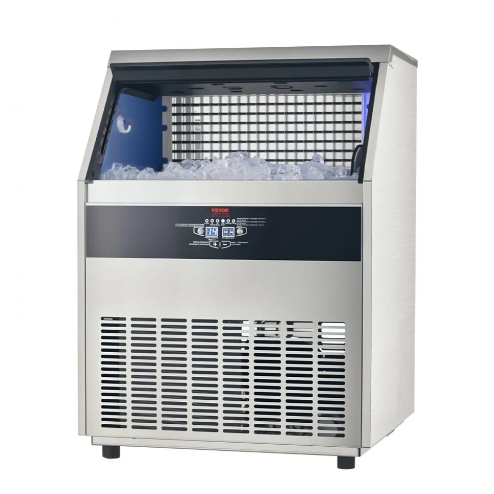 VEVOR 110lbs/24H Commercial Ice Maker Machine, 33lbs Storage Capacity Ice Maker with Drain Pump, 50 Ice Cubes in 15 Minutes, LED Digital Display Freestanding Self-Cleaning for Bar Office Restaurant