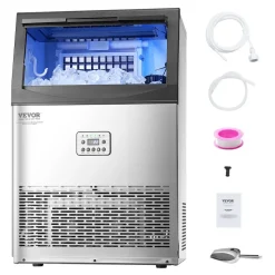VEVOR 90lbs/24H Commercial Ice Maker Machine, 33lbs Storage Capacity Ice Maker with Drain Pump, 50 Ice Cubes in 15 Minutes, LED Digital Display Freestanding Self-Cleaning for Bar Office Restaurant