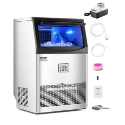 VEVOR 90lbs/24H Commercial Ice Maker Machine, 33lbs Storage Capacity Ice Maker with Drain Pump, 50 Ice Cubes in 15 Minutes, LED Digital Display Freestanding Self-Cleaning for Bar Office Restaurant