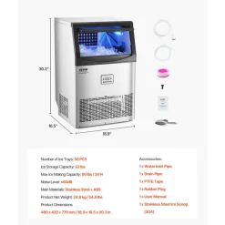 VEVOR 90lbs/24H Commercial Ice Maker Machine, 33lbs Storage Capacity Ice Maker with Drain Pump, 50 Ice Cubes in 15 Minutes, LED Digital Display Freestanding Self-Cleaning for Bar Office Restaurant