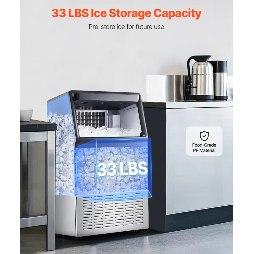 VEVOR 120lbs/24H Commercial Ice Maker Machine, 33lbs Storage Capacity Ice Maker with Drain Pump, 55 Ice Cubes in 15 Minutes, LED Digital Display Freestanding Self-Cleaning for Bar Office Restaurant