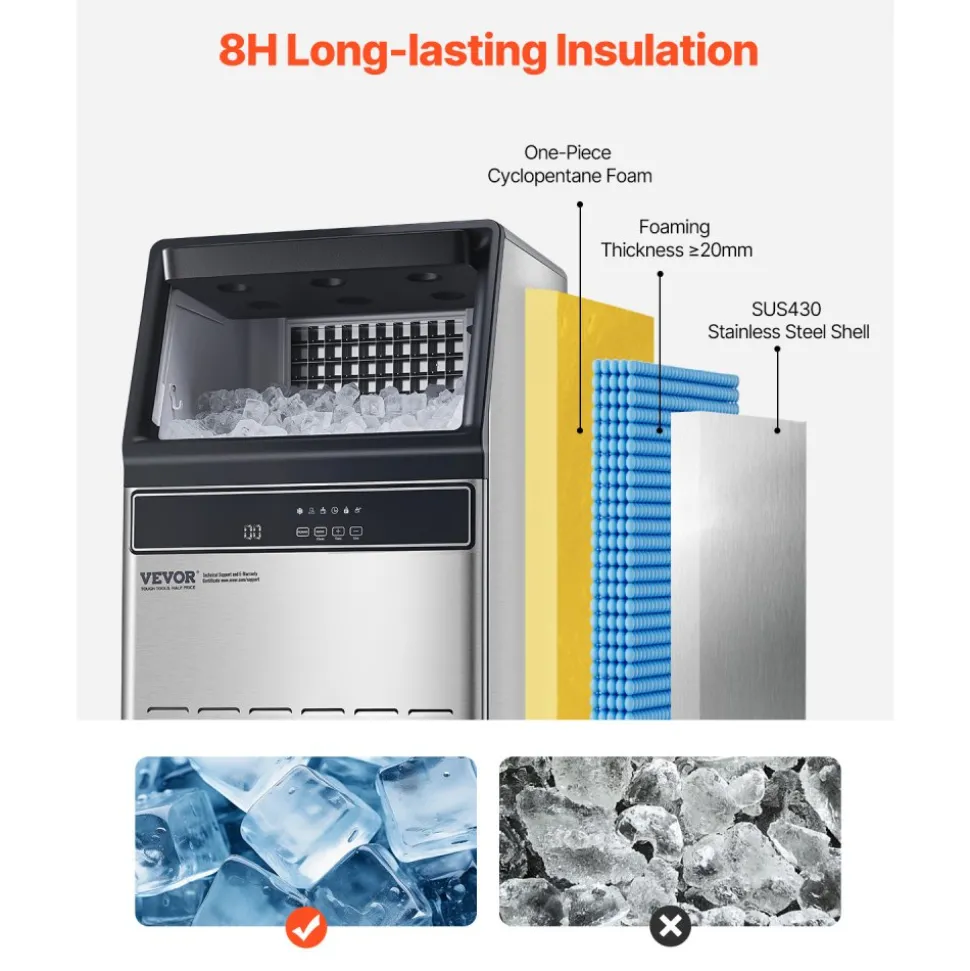 VEVOR 120lbs/24H Commercial Ice Maker Machine, 33lbs Storage Capacity Ice Maker with Drain Pump, 55 Ice Cubes in 15 Minutes, LED Digital Display Freestanding Self-Cleaning for Bar Office Restaurant