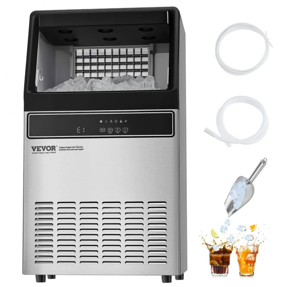 VEVOR 120lbs/24H Commercial Ice Maker Machine, 33lbs Storage Capacity Ice Maker with Drain Pump, 55 Ice Cubes in 15 Minutes, LED Digital Display Freestanding Self-Cleaning for Bar Office Restaurant