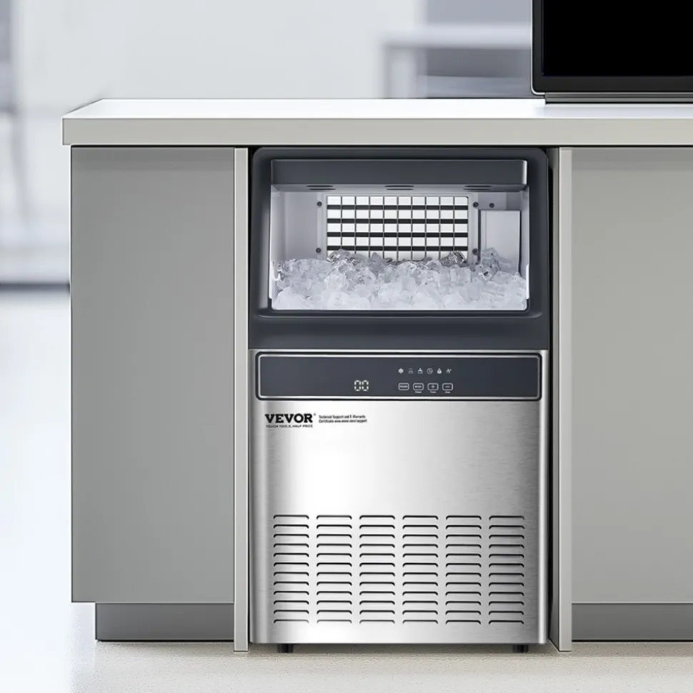 VEVOR 120lbs/24H Commercial Ice Maker Machine, 33lbs Storage Capacity Ice Maker with Drain Pump, 55 Ice Cubes in 15 Minutes, LED Digital Display Freestanding Self-Cleaning for Bar Office Restaurant