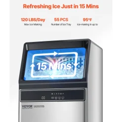 VEVOR 120lbs/24H Commercial Ice Maker Machine, 33lbs Storage Capacity Ice Maker with Drain Pump, 55 Ice Cubes in 15 Minutes, LED Digital Display Freestanding Self-Cleaning for Bar Office Restaurant