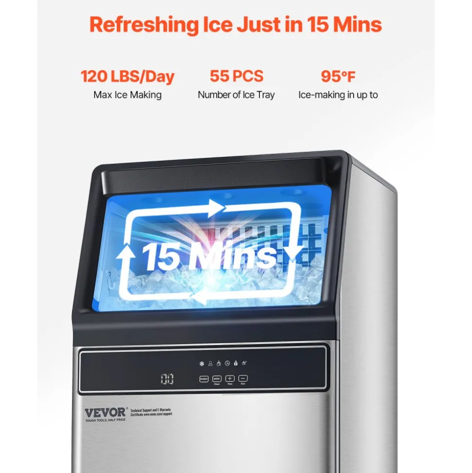 VEVOR 120lbs/24H Commercial Ice Maker Machine, 33lbs Storage Capacity Ice Maker with Drain Pump, 55 Ice Cubes in 15 Minutes, LED Digital Display Freestanding Self-Cleaning for Bar Office Restaurant