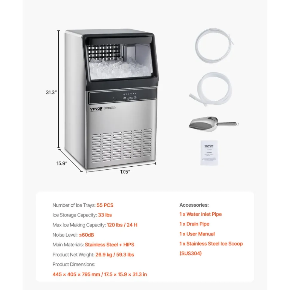 VEVOR 120lbs/24H Commercial Ice Maker Machine, 33lbs Storage Capacity Ice Maker with Drain Pump, 55 Ice Cubes in 15 Minutes, LED Digital Display Freestanding Self-Cleaning for Bar Office Restaurant