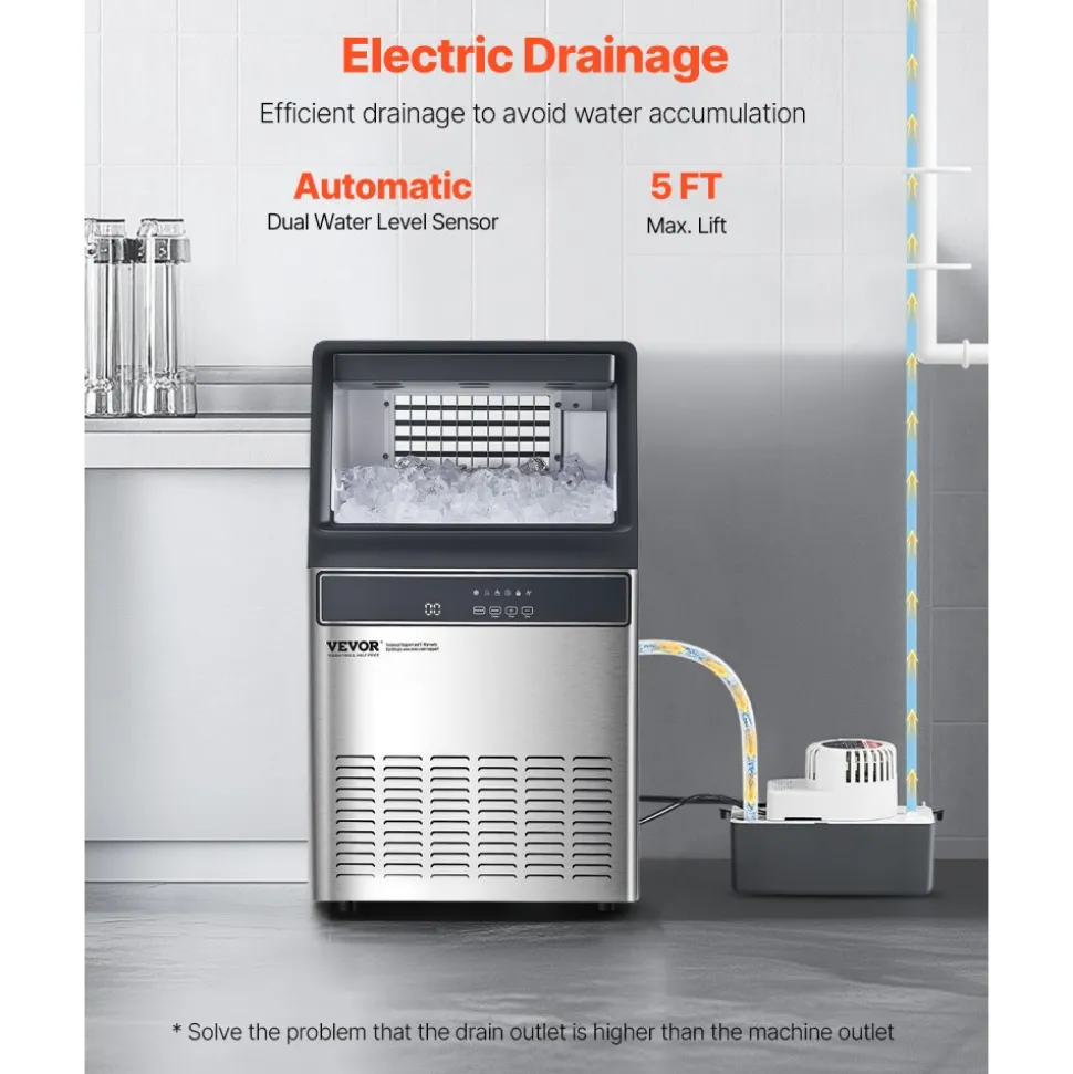 VEVOR 120lbs/24H Commercial Ice Maker Machine, 33lbs Storage Capacity Ice Maker with Drain Pump, 55 Ice Cubes in 15 Minutes, LED Digital Display Freestanding Self-Cleaning for Bar Office Restaurant