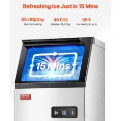 VEVOR 200lbs/24H Commercial Ice Maker Machine, 66lbs Storage Capacity Ice Maker with Drain Pump, 108 Ice Cubes in 15 Minutes, LED Digital Display Freestanding Self-Cleaning for Bar Office Restaurant