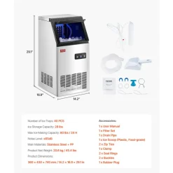 VEVOR 200lbs/24H Commercial Ice Maker Machine, 66lbs Storage Capacity Ice Maker with Drain Pump, 108 Ice Cubes in 15 Minutes, LED Digital Display Freestanding Self-Cleaning for Bar Office Restaurant