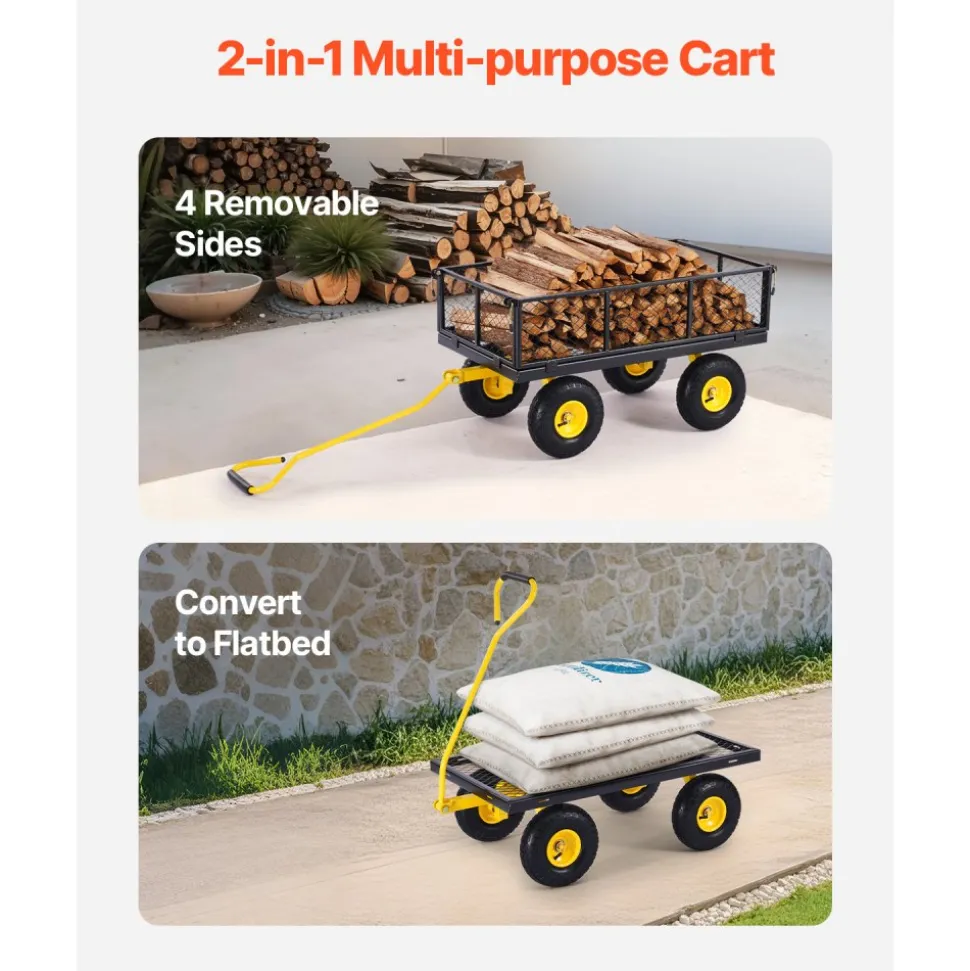 VEVOR 900 Lbs Heavy Duty Steel Garden Cart, Garden Wagon Cart on Wheels, Outdoor Metal Yard Utility Wagon Carts with 10" Tires and Mesh Removable Sides(Convert to Flatbed) and 180°Rotating Handle