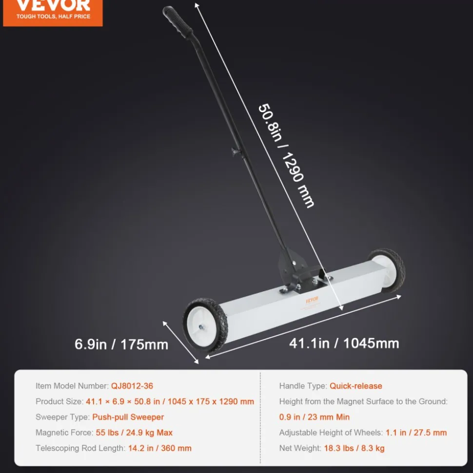 VEVOR 55Lbs Rolling Magnetic Sweeper with Wheels,Push-Type Magnetic Pick Up Sweeper, 36-inch Large Magnet Pickup Lawn Sweeper with Telescoping Handle, Easy Cleanup of Workshop Garage Yard