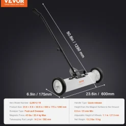 VEVOR 45Lbs Rolling Magnetic Sweeper with Wheels, Push-Type Magnetic Pick Up Sweeper, 18-inch Large Magnet Pickup Lawn Sweeper, Magnet with Telescoping Handle, Easy Cleanup of Workshop Garage Yard