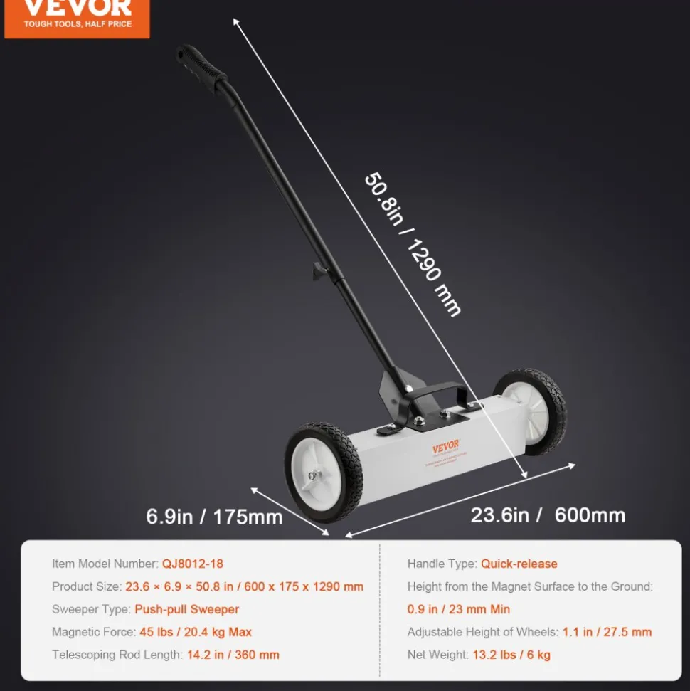 VEVOR 45Lbs Rolling Magnetic Sweeper with Wheels, Push-Type Magnetic Pick Up Sweeper, 18-inch Large Magnet Pickup Lawn Sweeper, Magnet with Telescoping Handle, Easy Cleanup of Workshop Garage Yard