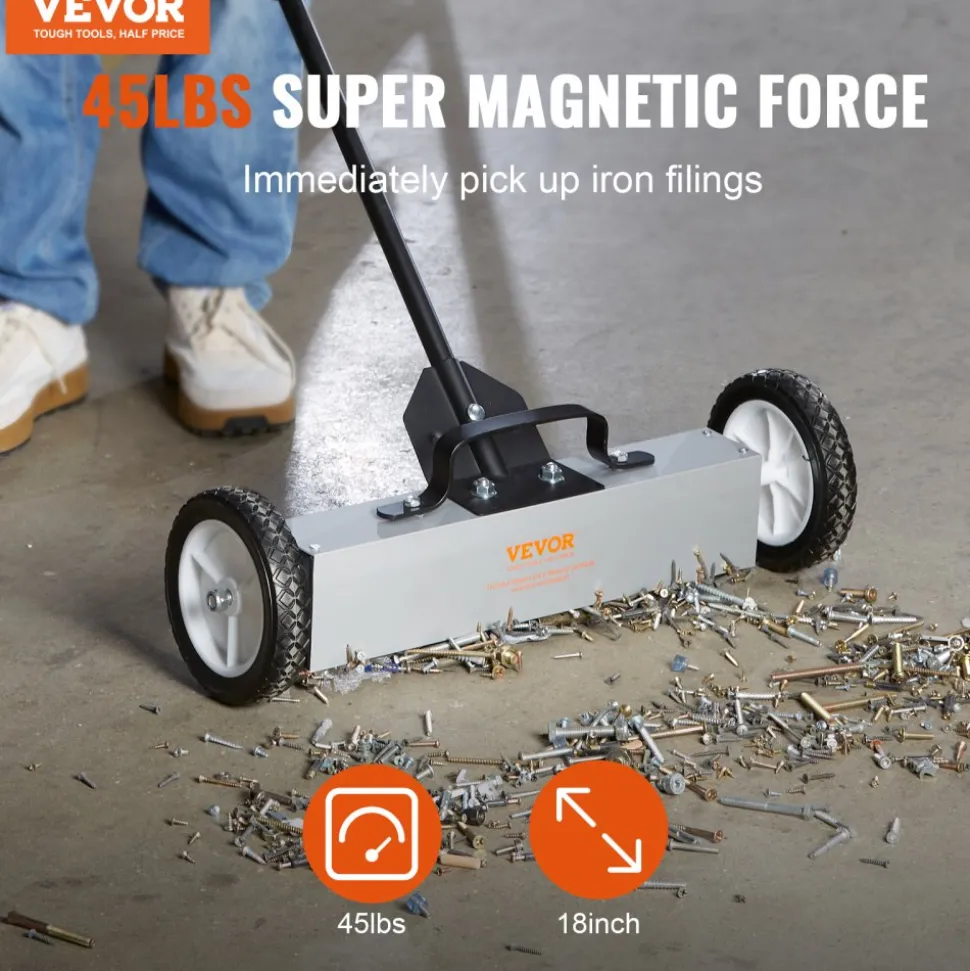 VEVOR 45Lbs Rolling Magnetic Sweeper with Wheels, Push-Type Magnetic Pick Up Sweeper, 18-inch Large Magnet Pickup Lawn Sweeper, Magnet with Telescoping Handle, Easy Cleanup of Workshop Garage Yard