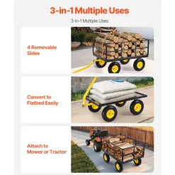 VEVOR 1400 Lbs Steel Garden Cart, Heavy Duty Pullable Garden Wagon Yard Cart, 2 in 1 Outdoor Metal Utility Wagon Yard Trailer with 13