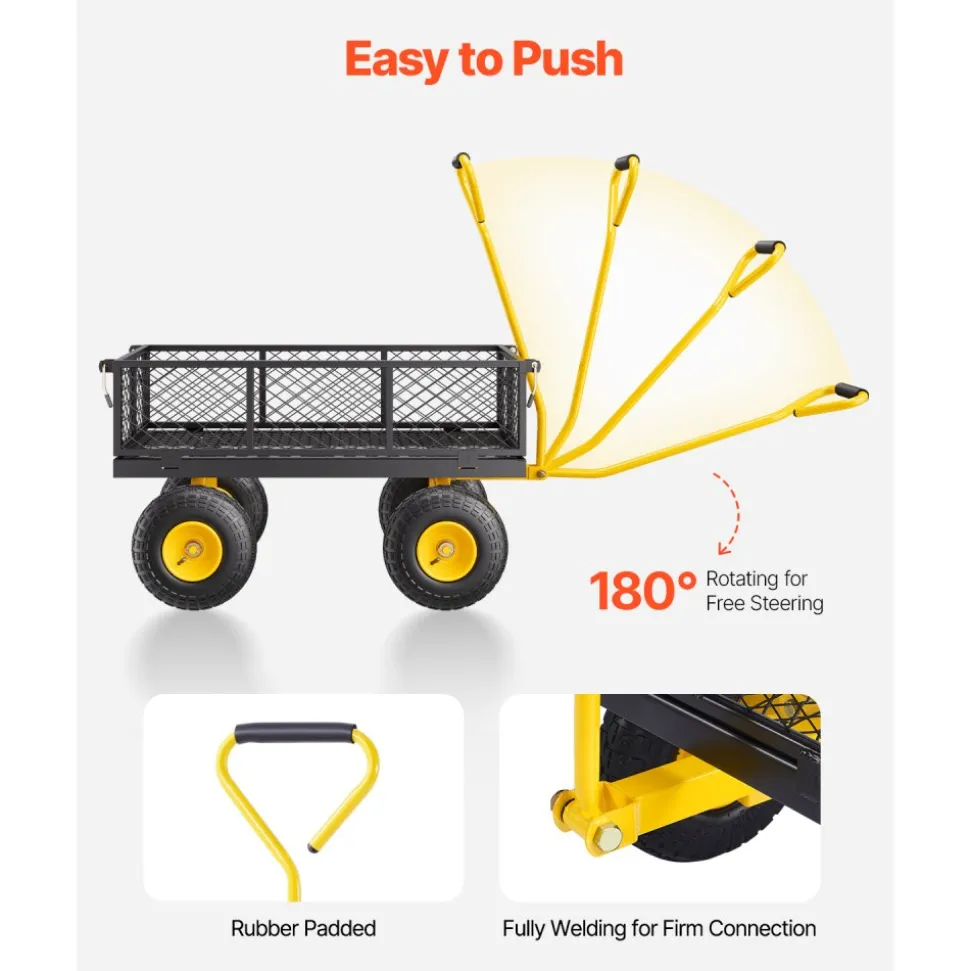 VEVOR 500 Lbs Steel Garden Cart, Heavy Duty Garden Wagon Cart Pullable on Wheels, Metal Yard Utility Wagon Carts with 10" All Terrain Tires, Mesh Removable Sides and 180°Rotating Handle