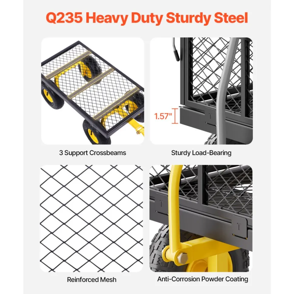 VEVOR 500 Lbs Steel Garden Cart, Heavy Duty Garden Wagon Cart Pullable on Wheels, Metal Yard Utility Wagon Carts with 10" All Terrain Tires, Mesh Removable Sides and 180°Rotating Handle