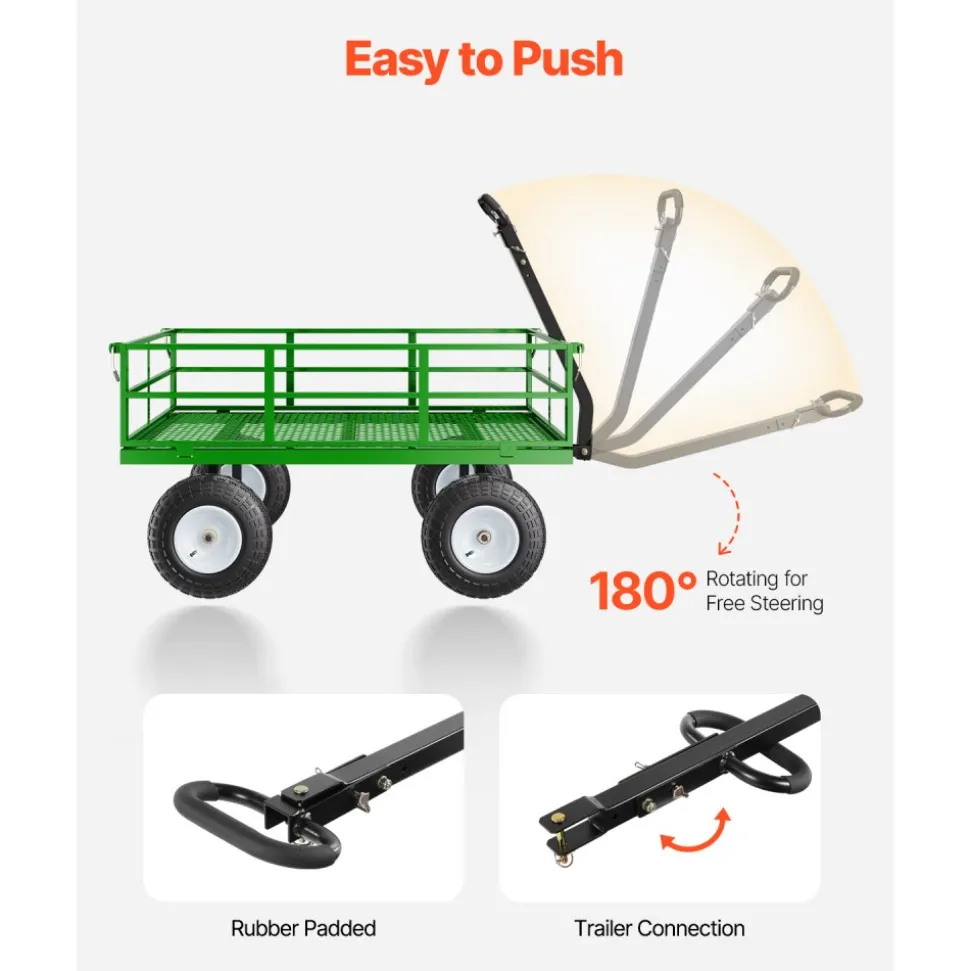 VEVOR 1200 Lbs Steel Garden Cart, Heavy Duty Pullable Garden Wagon Yard Cart, 2 in 1 Outdoor Metal Utility Wagon Yard Trailer with 13" All Terrain Tires, Mesh Removable Sides and 180°Rotating Handle