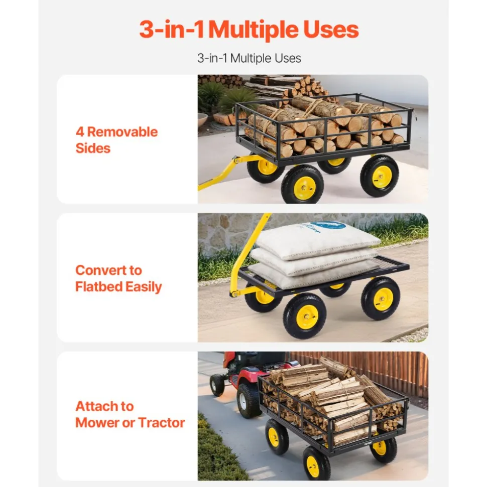 VEVOR 1200 Lbs Steel Garden Cart, Heavy Duty Pullable Garden Wagon Yard Cart, 2 in 1 Outdoor Metal Utility Wagon Yard Trailer with 13" All Terrain Tires, Mesh Removable Sides and 180°Rotating Handle