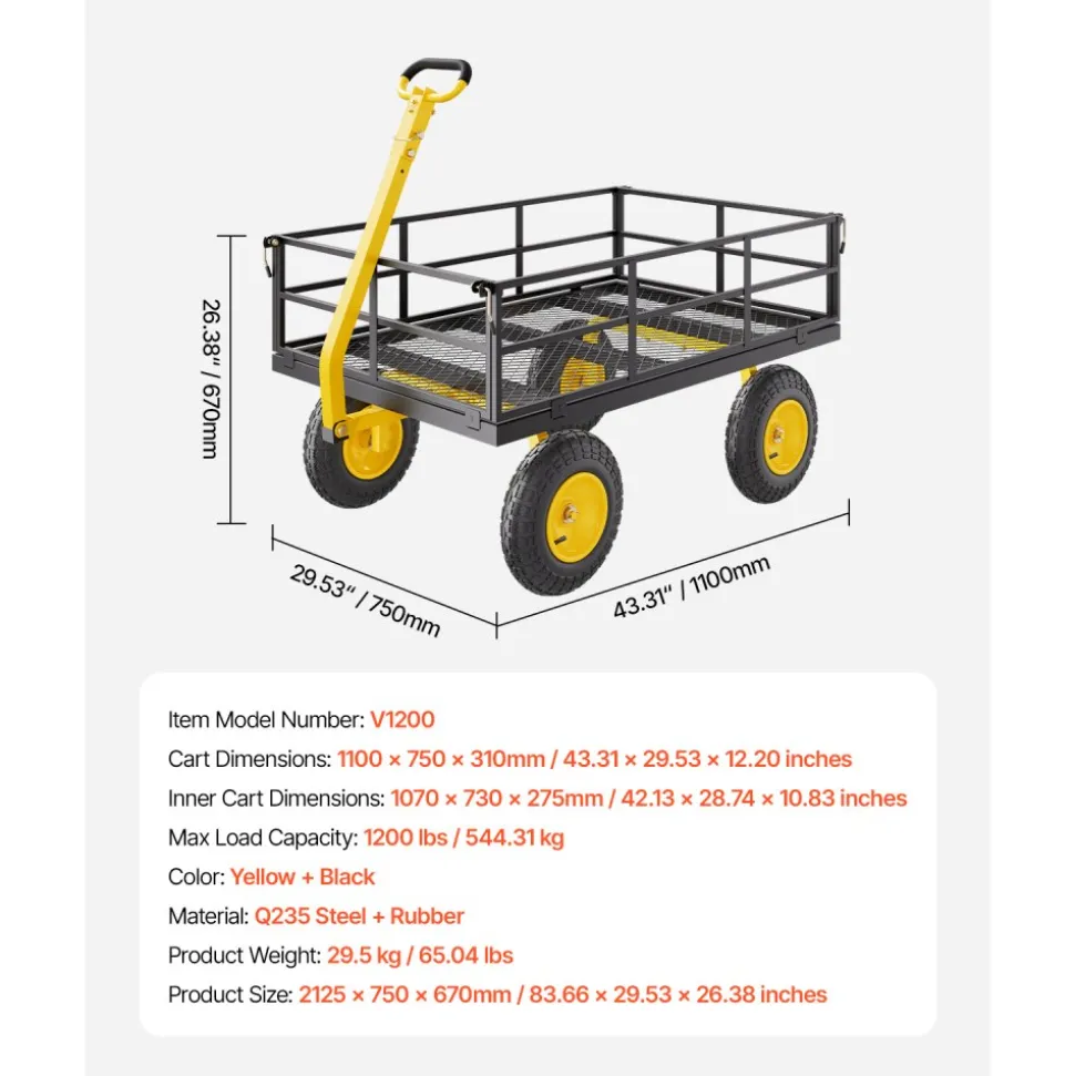 VEVOR 1200 Lbs Steel Garden Cart, Heavy Duty Pullable Garden Wagon Yard Cart, 2 in 1 Outdoor Metal Utility Wagon Yard Trailer with 13" All Terrain Tires, Mesh Removable Sides and 180°Rotating Handle