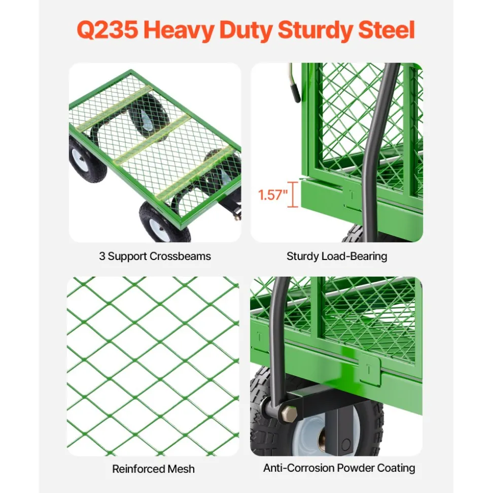 VEVOR 680 Lbs Steel Garden Cart on Wheels, Heavy Duty Garden Wagon Cart Pullable, Metal Outdoor Utility Yard Wagon Carts with 10" Tires, Mesh Removable Sides and 180°Rotating Handle