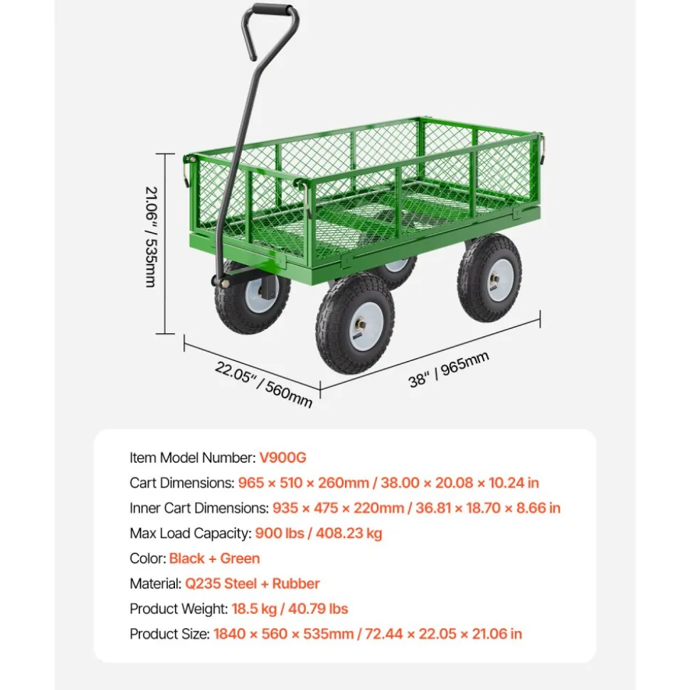 VEVOR 900 Lbs Steel Garden Cart on Wheels, Heavy Duty Pullable Garden Wagon Yard Cart, Outdoor Metal Utility Wagon with 10" Tires and Mesh Removable Sides(Convert to Flatbed), and 180°Rotating Handle