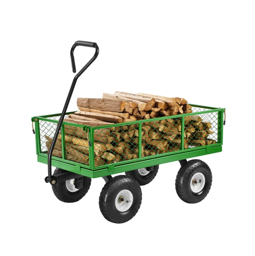 VEVOR 900 Lbs Steel Garden Cart on Wheels, Heavy Duty Pullable Garden Wagon Yard Cart, Outdoor Metal Utility Wagon with 10" Tires and Mesh Removable Sides(Convert to Flatbed), and 180°Rotating Handle