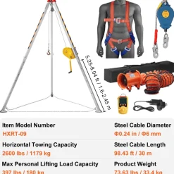 VEVOR 2600 lbs Winch Confined Space Tripod Kit, Confined Space Tripod 8' Legs and 98' Cable, Confined Space Rescue Tripod 33' Fall Protection with Blower, Gas detector, Harness.