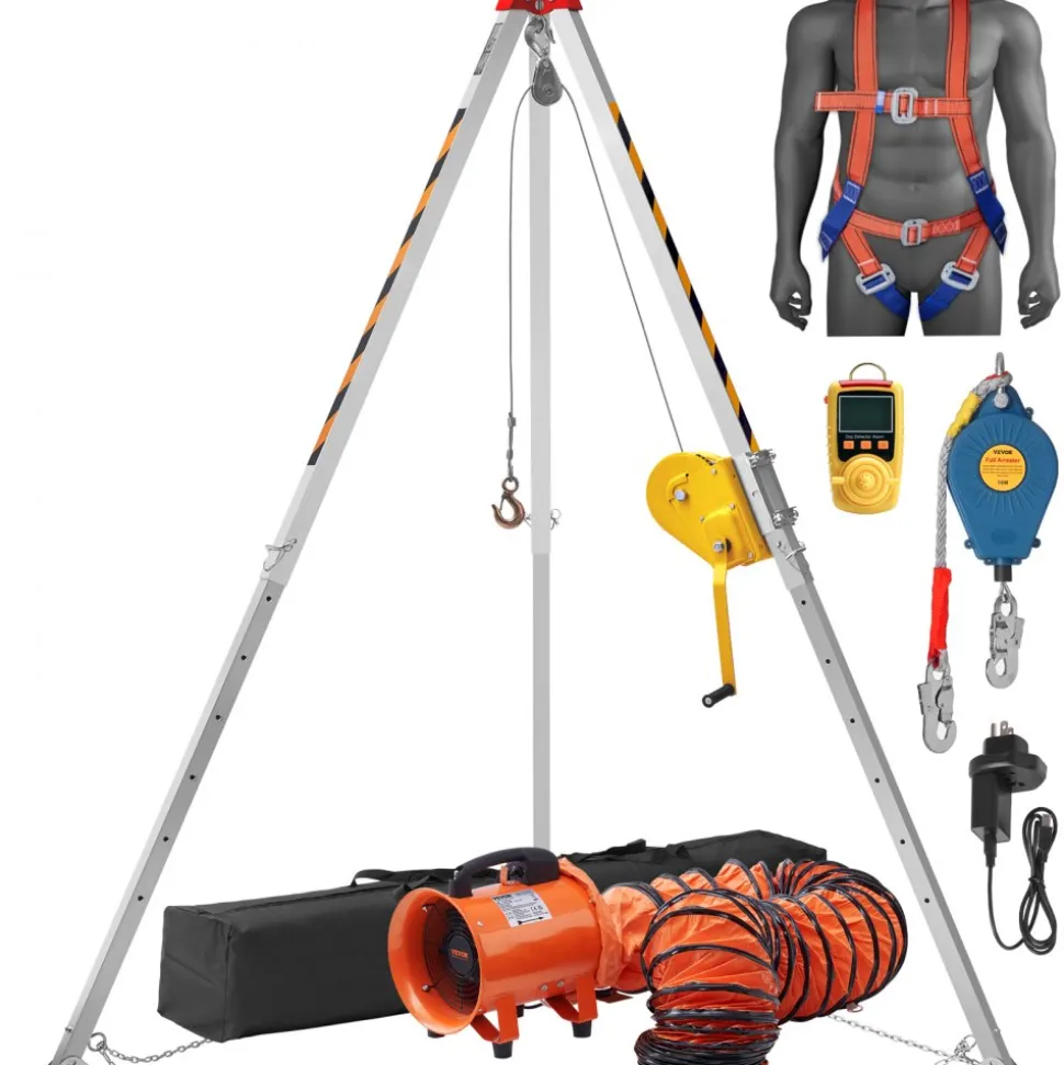 VEVOR 2600 lbs Winch Confined Space Tripod Kit, Confined Space Tripod 8' Legs and 98' Cable, Confined Space Rescue Tripod 33' Fall Protection with Blower, Gas detector, Harness.