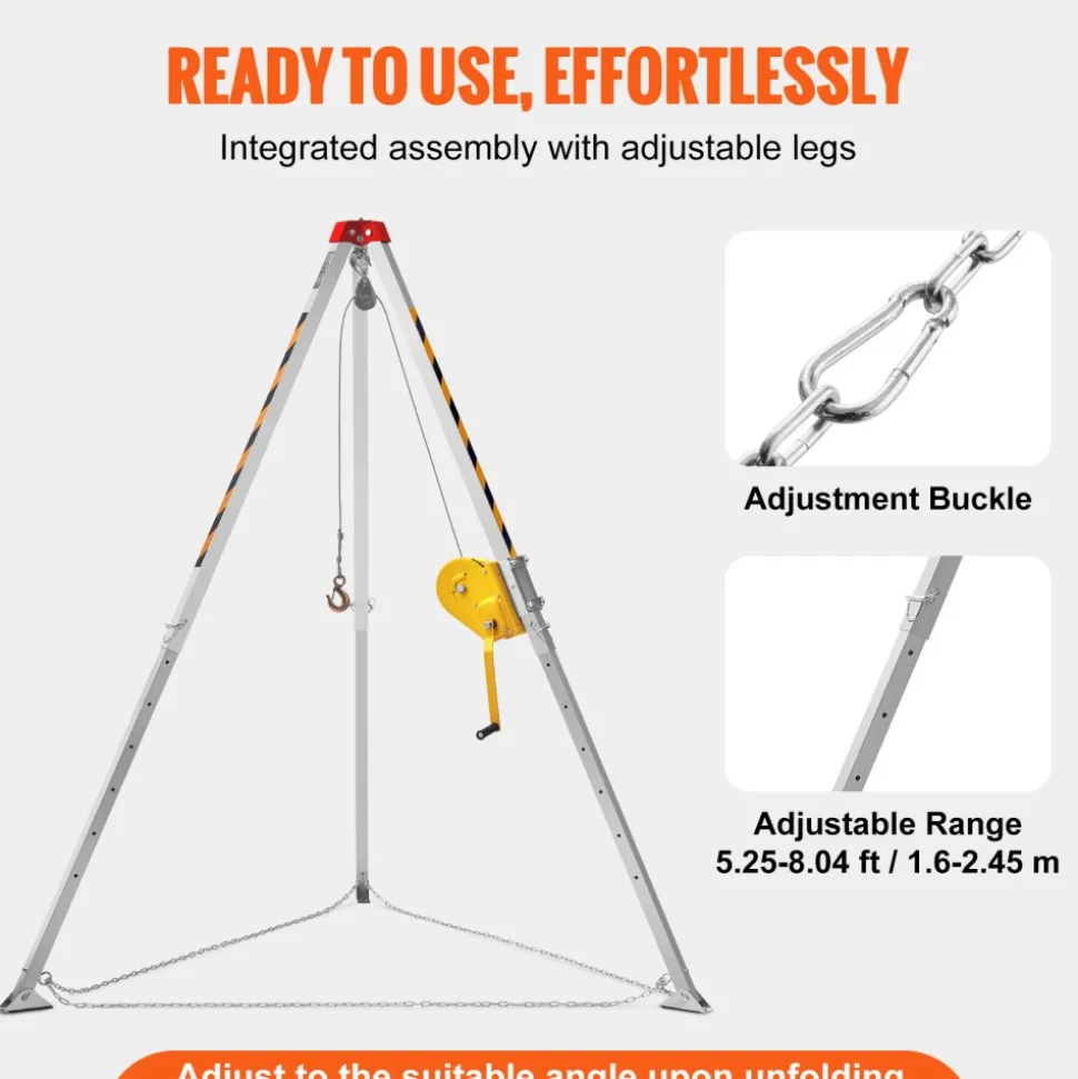 VEVOR 2600 lbs Winch Confined Space Tripod Kit, Confined Space Tripod 8' Legs and 98' Cable, Confined Space Rescue Tripod 33' Fall Protection with Blower, Gas detector, Harness.