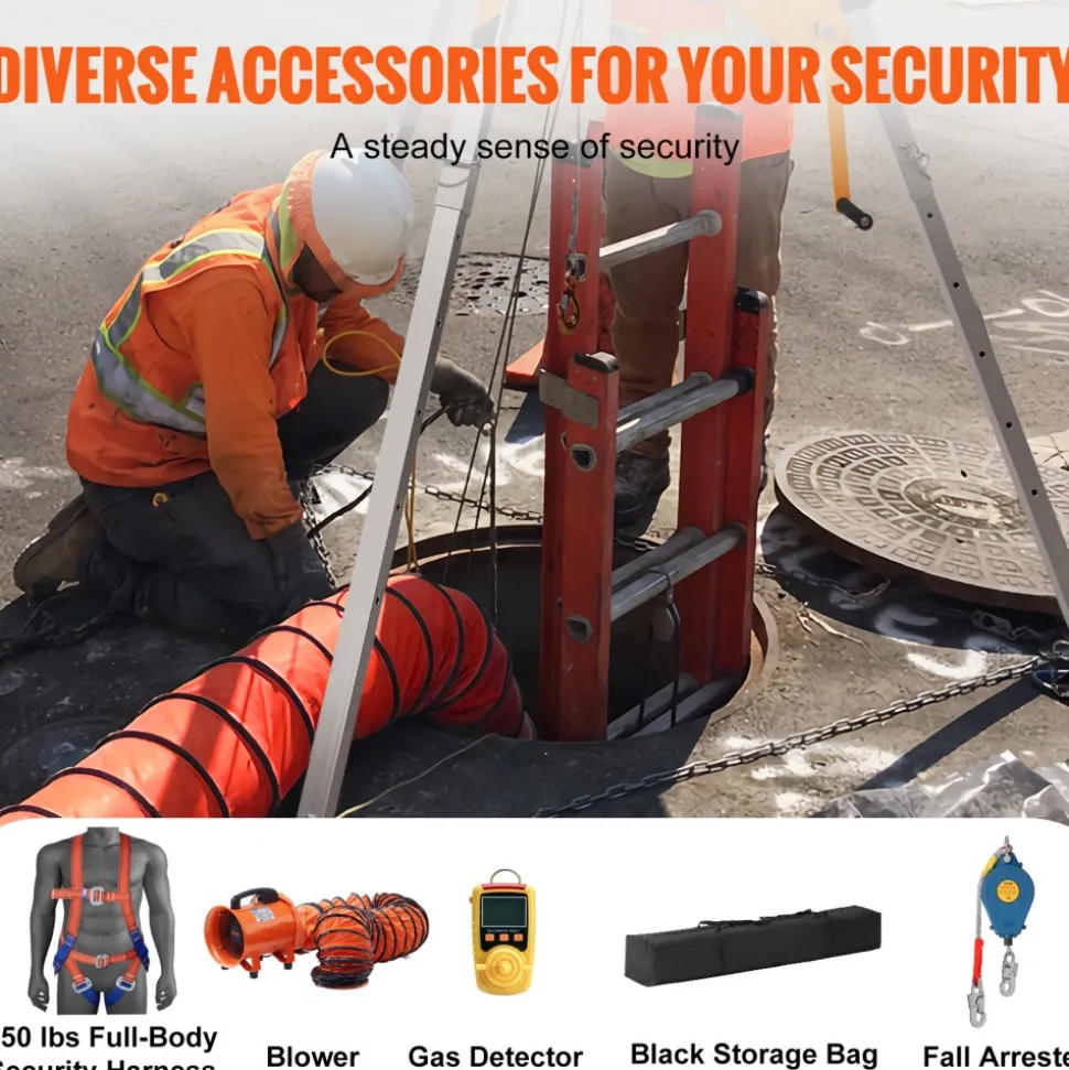 VEVOR 2600 lbs Winch Confined Space Tripod Kit, Confined Space Tripod 8' Legs and 98' Cable, Confined Space Rescue Tripod 33' Fall Protection with Blower, Gas detector, Harness.