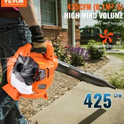 VEVOR Leaf Blower, 26CC 2-Cycle Handheld Leaf Blower with A Fuel Tank, 2-in-1 Blower 425CFM Air Volume 156MPH Speed, Ideal for Lawn Care, Leaf Cleaning, and Snow Removal