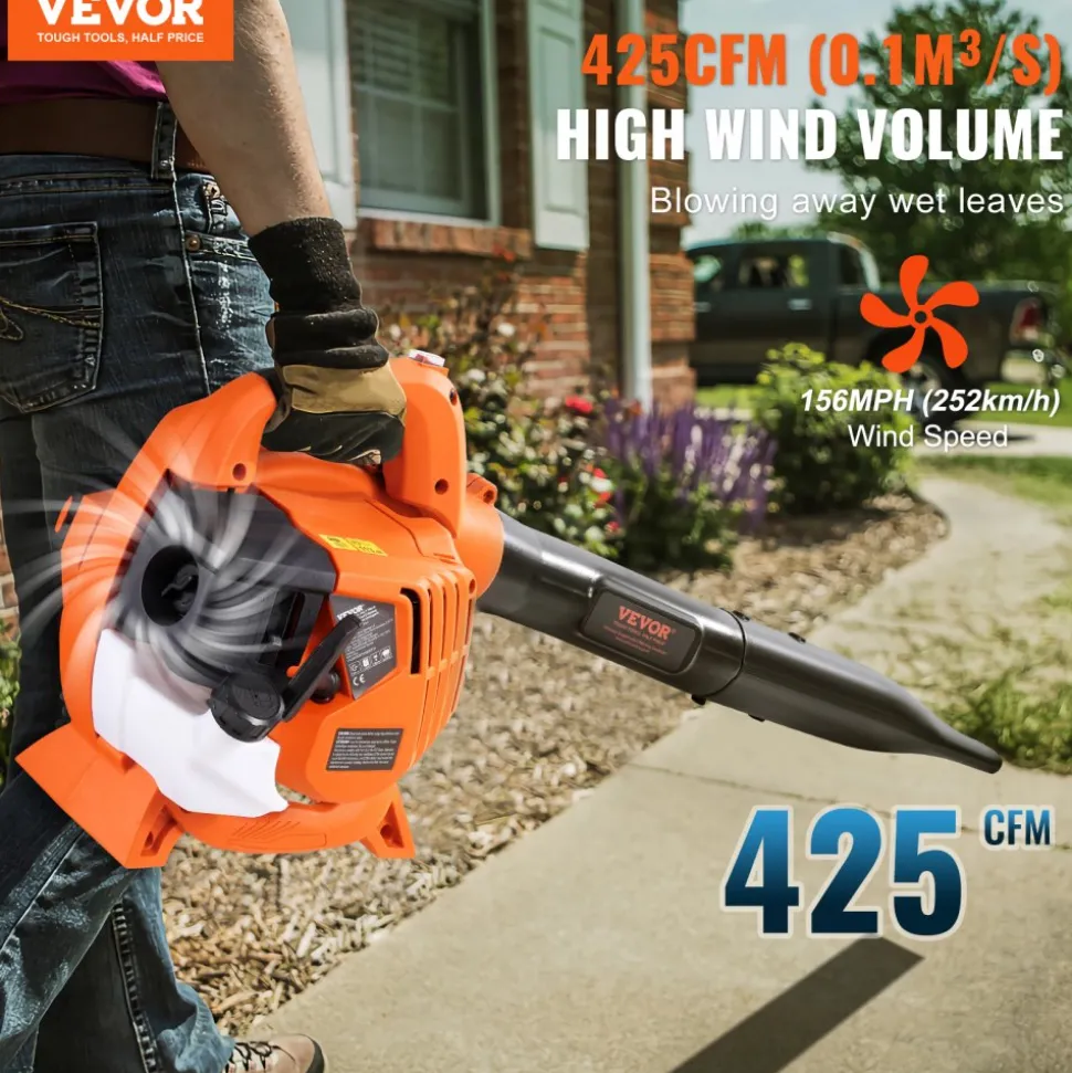 VEVOR Leaf Blower, 26CC 2-Cycle Handheld Leaf Blower with A Fuel Tank, 2-in-1 Blower 425CFM Air Volume 156MPH Speed, Ideal for Lawn Care, Leaf Cleaning, and Snow Removal