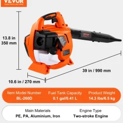VEVOR Leaf Blower, 26CC 2-Cycle Handheld Leaf Blower with A Fuel Tank, 2-in-1 Blower 425CFM Air Volume 156MPH Speed, Ideal for Lawn Care, Leaf Cleaning, and Snow Removal