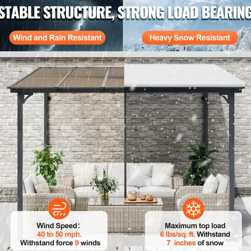 VEVOR Lean to Gazebo for Patio, 10' x 10' Hard Top Gazebo with Medal Frame, Wall Mounted & Freestanding Pergola, UV Resistant Polycarbonate Roof, Outdoor Patio Awnings for Deck, Garden and Backyard