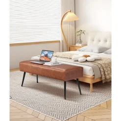 VEVOR Leather Bedroom Bench, PU Leather Bench with Metal Legs and with Stitching for Entryway, Upholstered Shoe Bench Seat, Modern End of the Bed Benches for Living Room, Dining Room, Hallway, Green