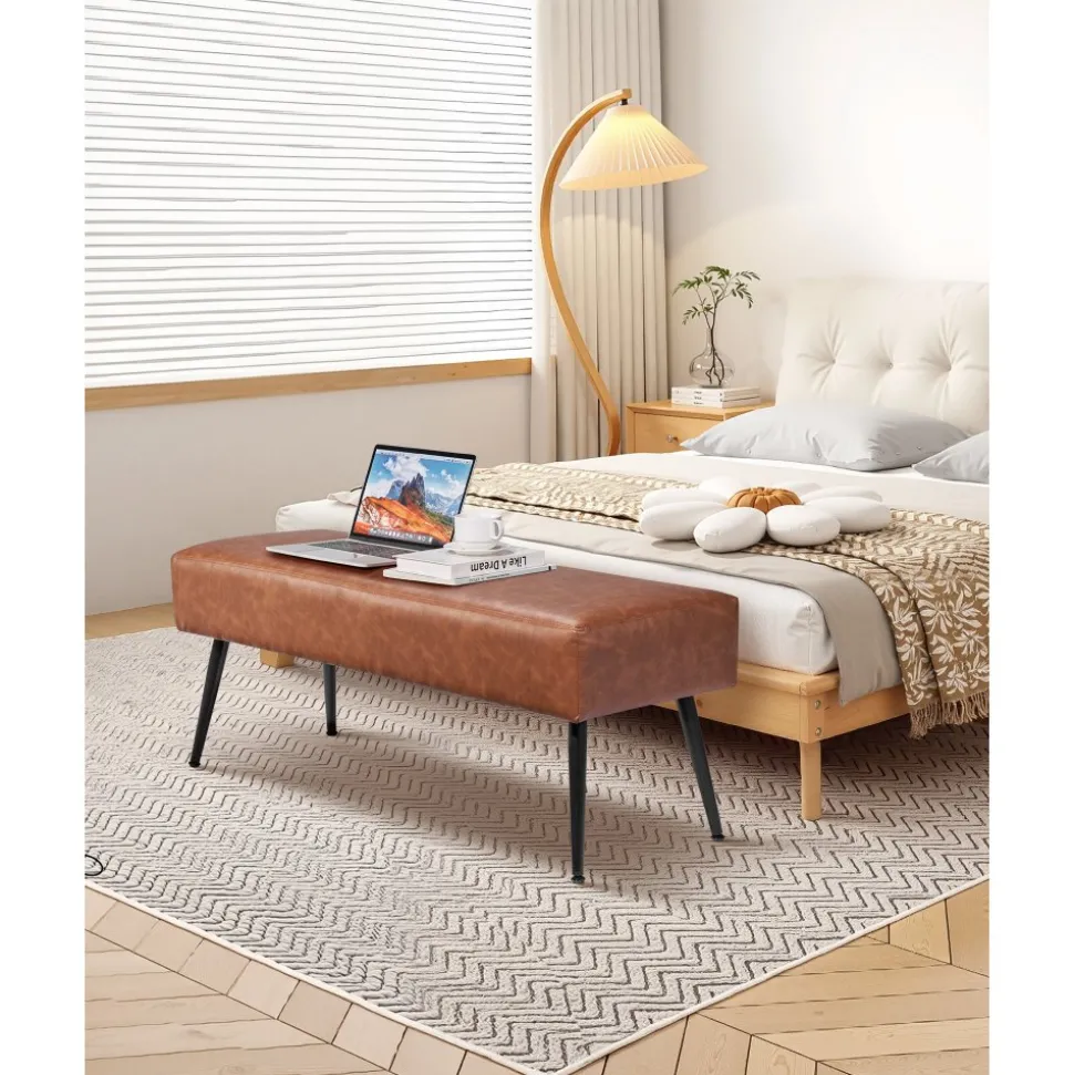 VEVOR Leather Bedroom Bench, PU Leather Bench with Metal Legs and with Stitching for Entryway, Upholstered Shoe Bench Seat, Modern End of the Bed Benches for Living Room, Dining Room, Hallway, Green