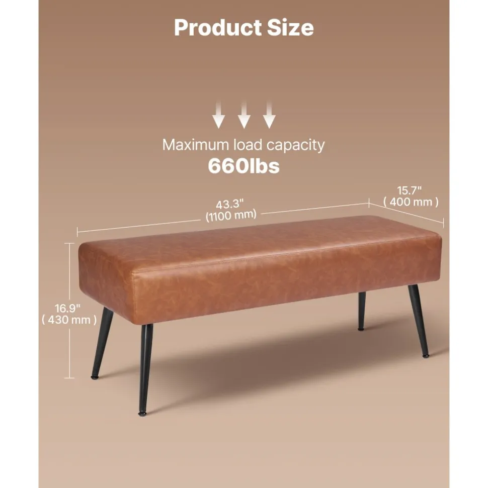 VEVOR Leather Bedroom Bench, PU Leather Bench with Metal Legs and with Stitching for Entryway, Upholstered Shoe Bench Seat, Modern End of the Bed Benches for Living Room, Dining Room, Hallway, Green