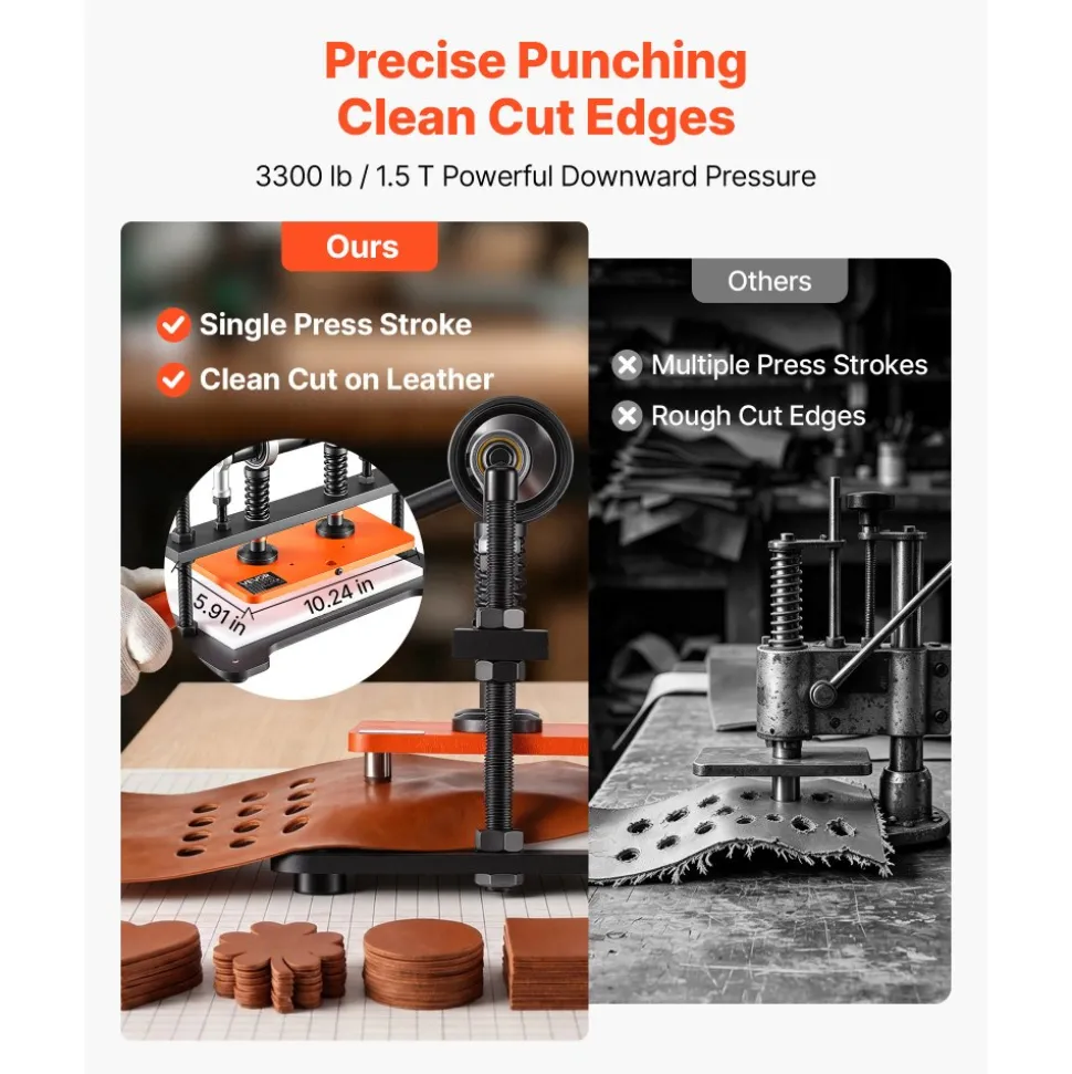 VEVOR Leather Cutting Machine 10.24 x 5.91 in Embossing Plate Die Cutter, Hand Press Leather Embossing & Die Cutting, 3300 lbs Pressure, 0.47 in Stroke, Dual Guide Shafts, for Fabric, Paper, Silicone