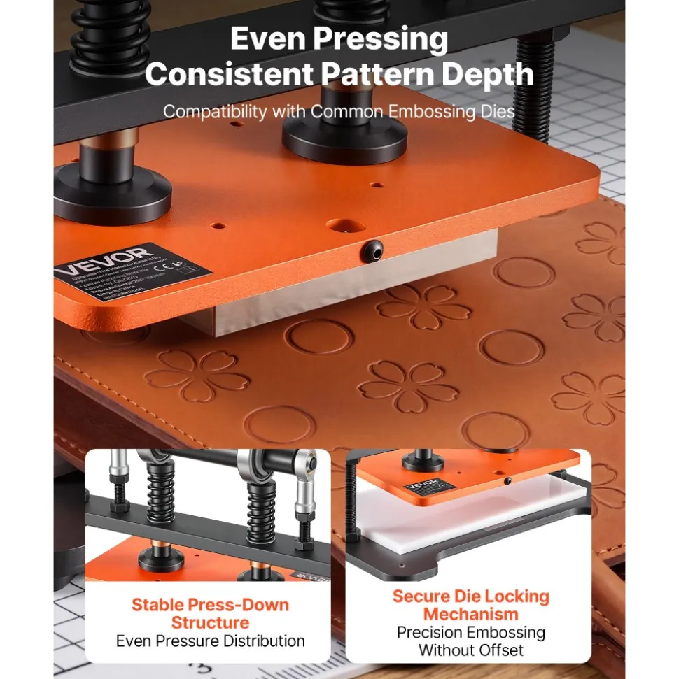 VEVOR Leather Cutting Machine 10.24 x 5.91 in Embossing Plate Die Cutter, Hand Press Leather Embossing & Die Cutting, 3300 lbs Pressure, 0.47 in Stroke, Dual Guide Shafts, for Fabric, Paper, Silicone