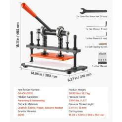 VEVOR Leather Cutting Machine 10.24 x 5.91 in Embossing Plate Die Cutter, Hand Press Leather Embossing & Die Cutting, 3300 lbs Pressure, 0.47 in Stroke, Dual Guide Shafts, for Fabric, Paper, Silicone