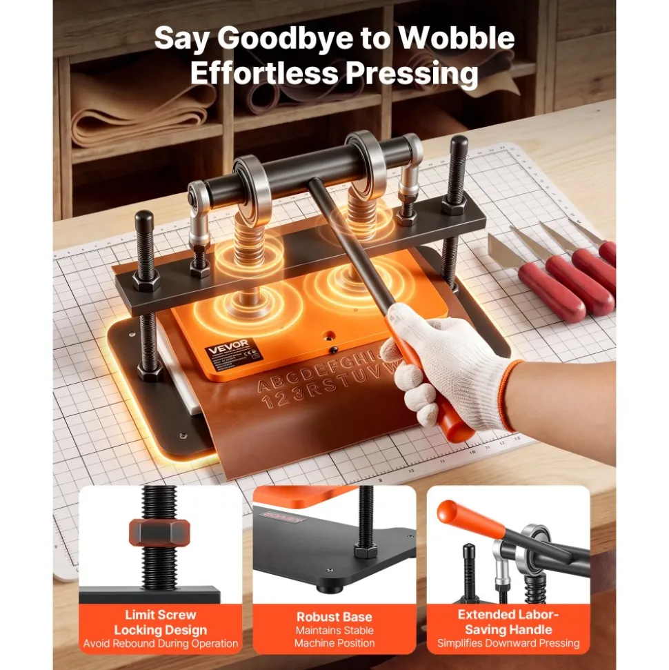 VEVOR Leather Cutting Machine 10.24 x 5.91 in Embossing Plate Die Cutter, Hand Press Leather Embossing & Die Cutting, 3300 lbs Pressure, 0.47 in Stroke, Dual Guide Shafts, for Fabric, Paper, Silicone