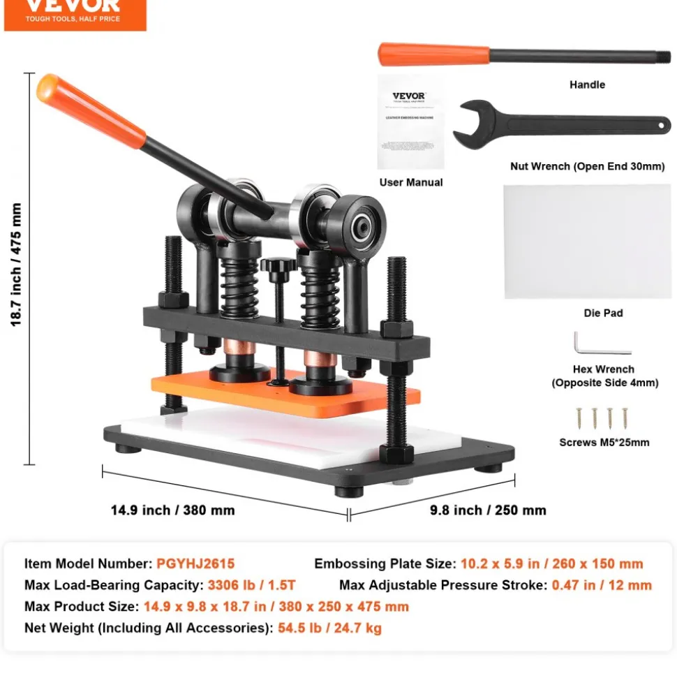 VEVOR Leather Cutting Machine, 10.2 x 5.9 in Embossing Plate Manual Die Cutter, 0.47 in Pressure Stroke Dual Guide Shafts Die Cut Machine, Leather Embossing Machine for Various of Materials